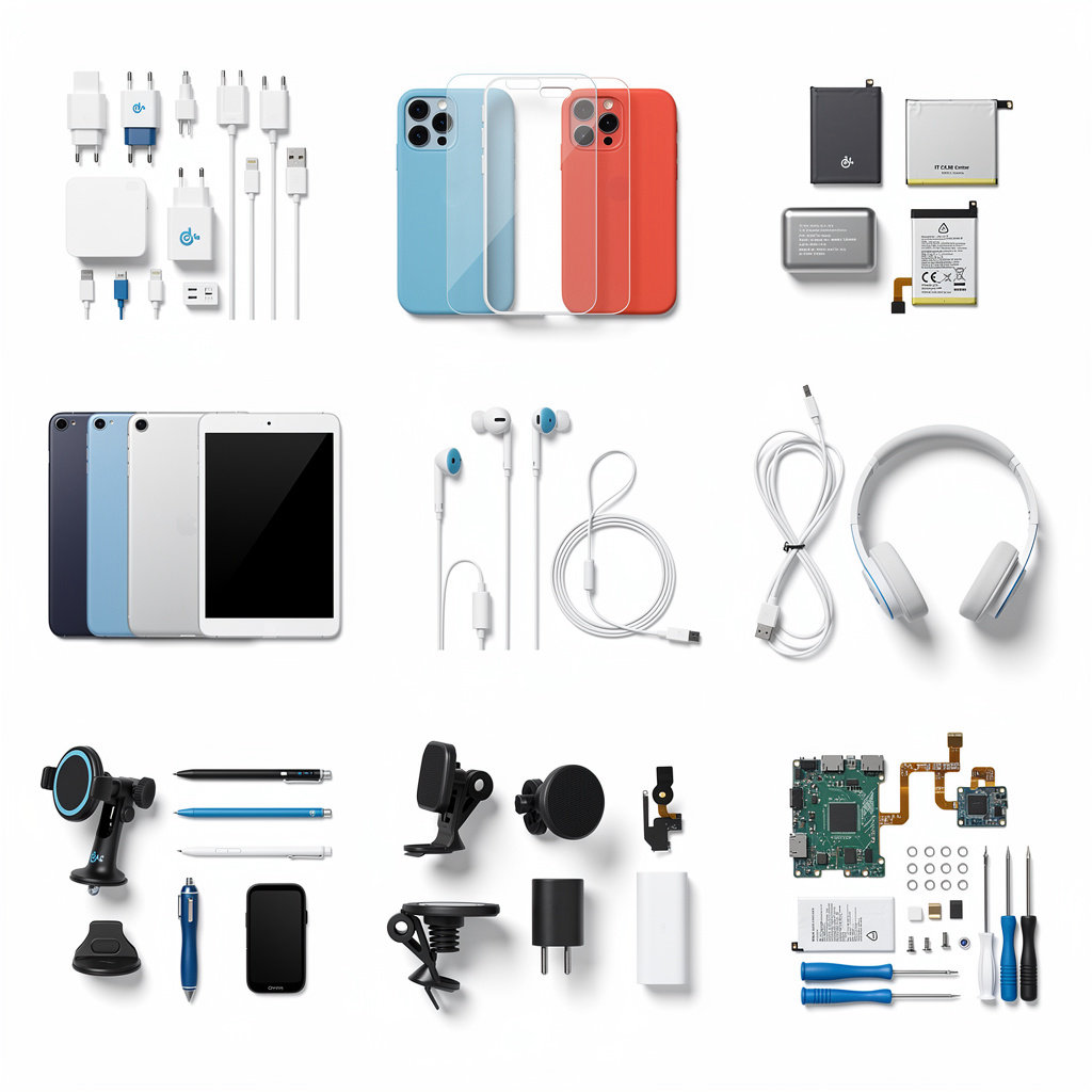 IT Care Center mobile phone accessories and parts display - chargers, cases, screen protectors, batteries and more